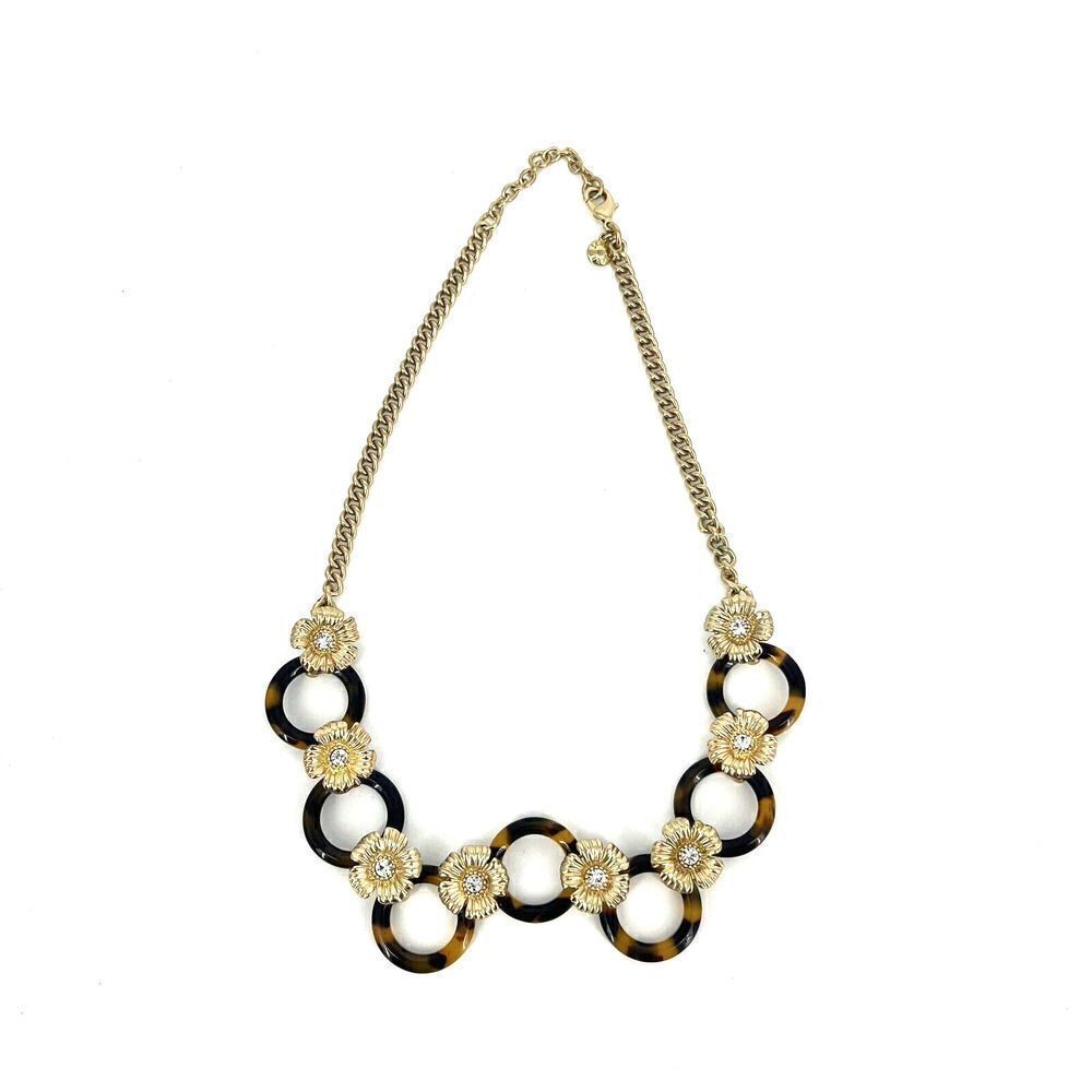 J Crew Necklace Tortoise Shell Statement Gold Flowers Rhinestone Link Chain